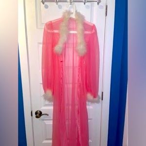 Pink y2k Sheer Robe w white fluff and lace details.